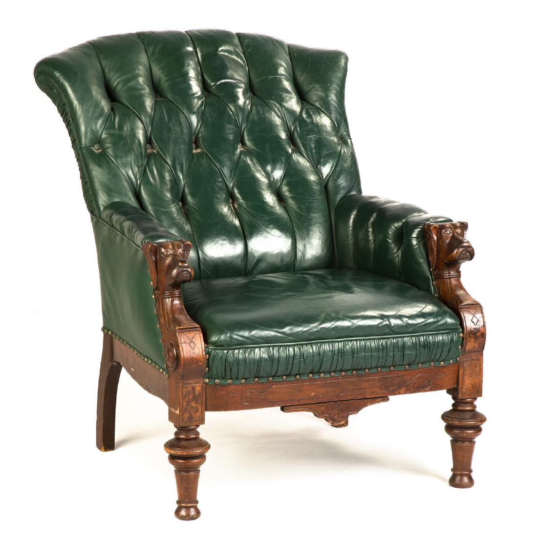 Tufted Leather & Carved Walnut Dog Head Armchair