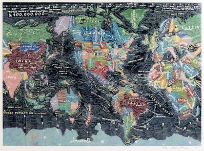 Paula Scher (American, b. 1948) "The World", 2006: Hand-pulled screen-print on Coventry rag paper. Signed 'Paula Scher' dated '06' & numbered '68/90' (lower right). 40" x 60". Stendhal Gallery, New York. Ex. HSBC/Marine Midland Bank Collection.