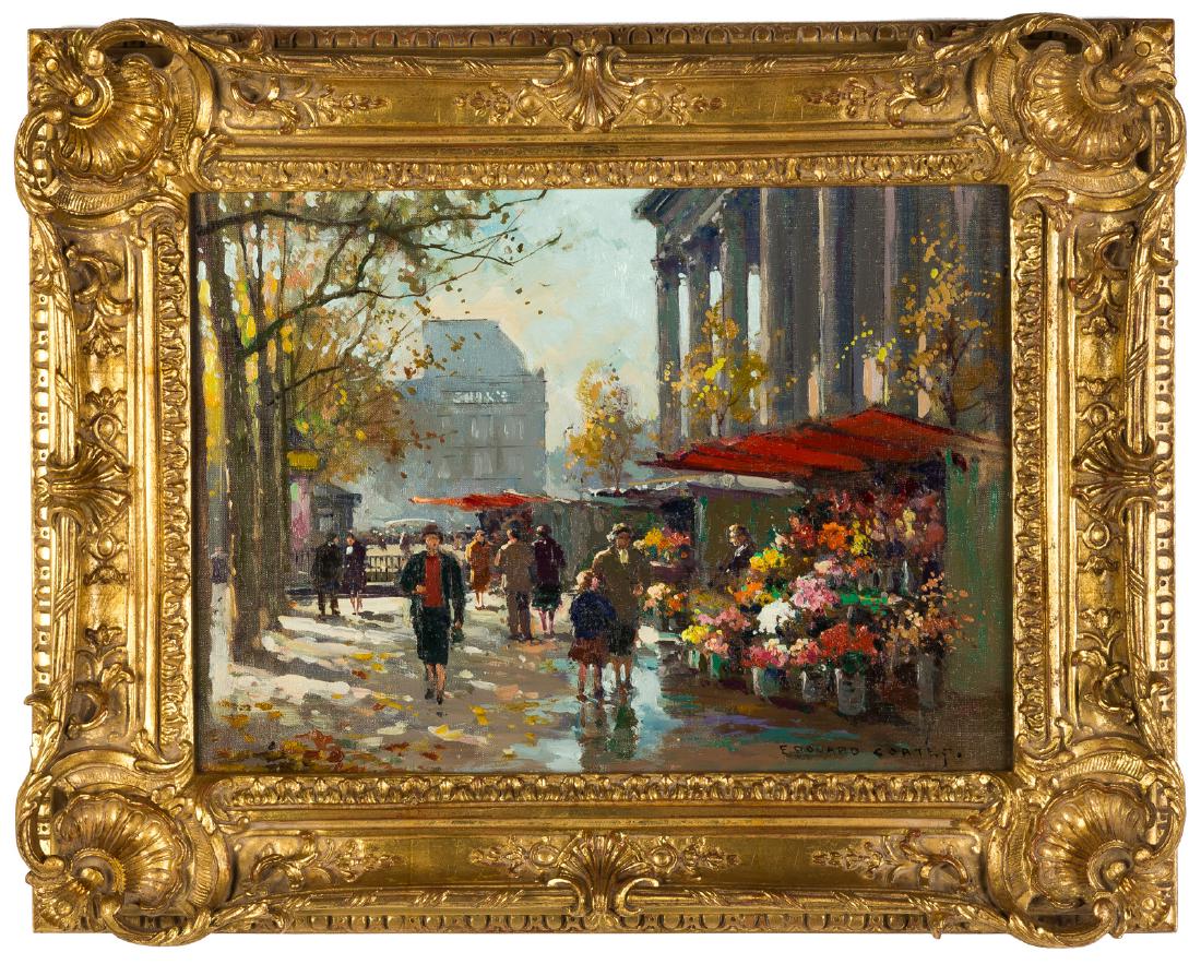 Edouard-Léon Cortès (French, 1882-1969) "Flower Seller: Oil on canvas. Signed 'Edouard Cortès' (lower right). 13" x 18". The Artist; H. Arnot, New York City (#17001), February 21, 1955; Charlie Holland, Chicago, February 25, 1955; Private Collection; Rehs
