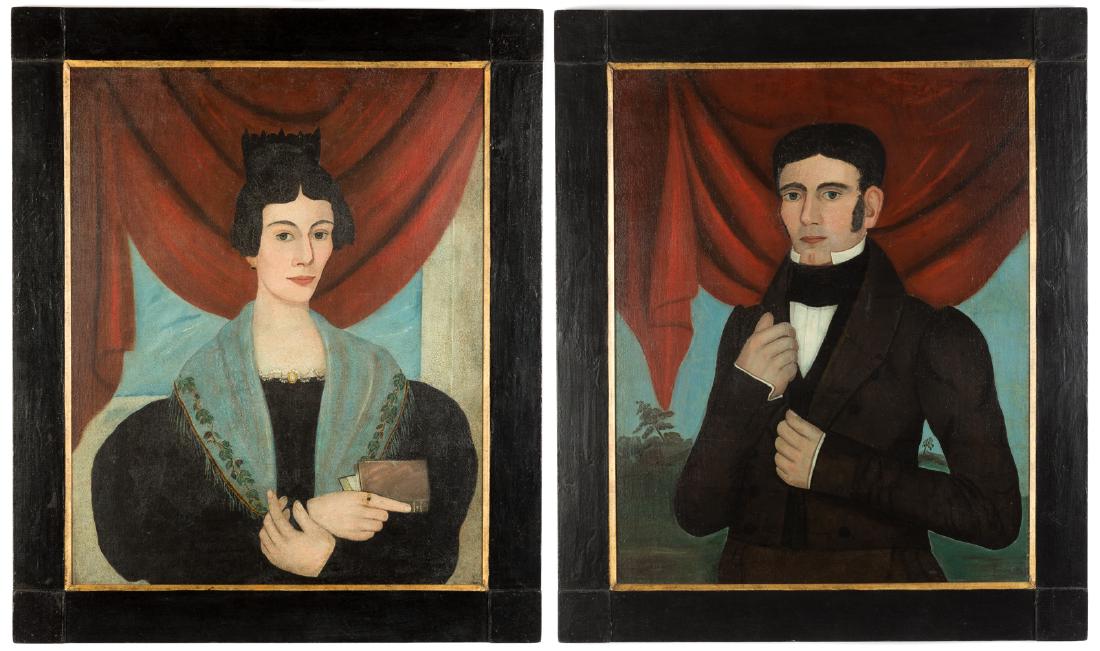 Pair of Folk Portraits: Oil on canvas. 32" x 25". Deaccessioned from the art museum in Ohio. From the Collection of Nancy Robbins, Rochester, NY.
