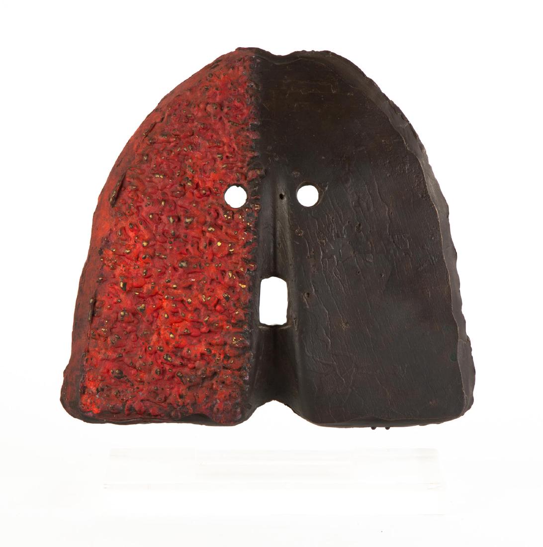 Robert Courtright (American, 1926-2012) Bronze Mask: Untitled mask. Flat patina with painted bronze. Ht. 10 1/2" W 11 1/4" . Anderson Gallery, Buffalo, New York.