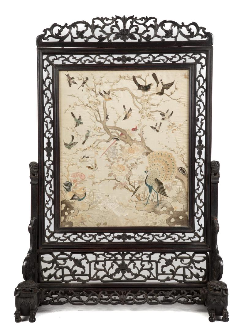 Fine Chinese Carved Hardwood Screen with Silk (1 of 4)