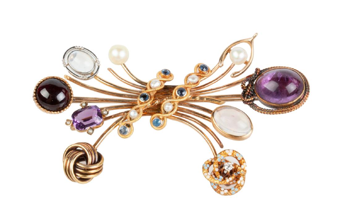 Mixed Karat Multiple Stick Pin Brooch with Natural: Including moonstone, amethyst, garnet, sapphire, pearl & diamond. 14.1 dwt. Max L 3" .