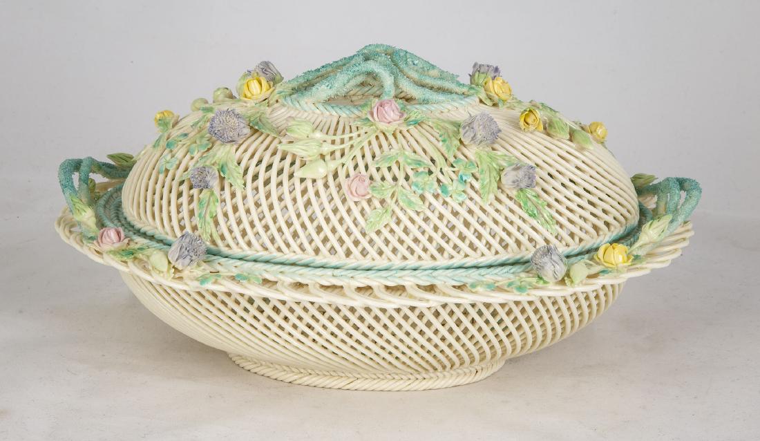 Rare Belleek Oval Reticulated Covered Basket: Pictured in "Belleek The Complete Collector's Guide & Illustrated" Reference, pg. 588 Ht. 6" W 13" .