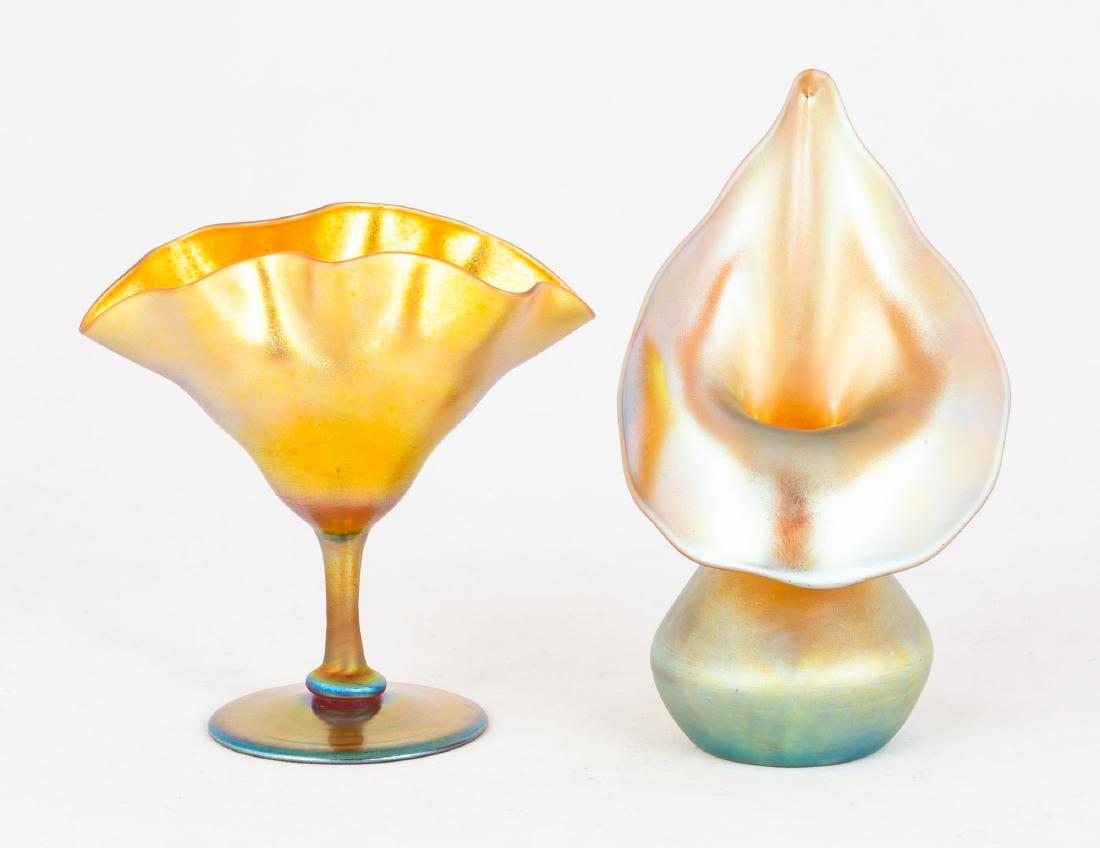 Two Steuben Aurene Cabinet Pieces: Both inscribed 'Aurene'. L: #2768, R: 152. Max Ht. 5 1/4". The Frank & Amy Blake Collection, formerly of Corning, New York .