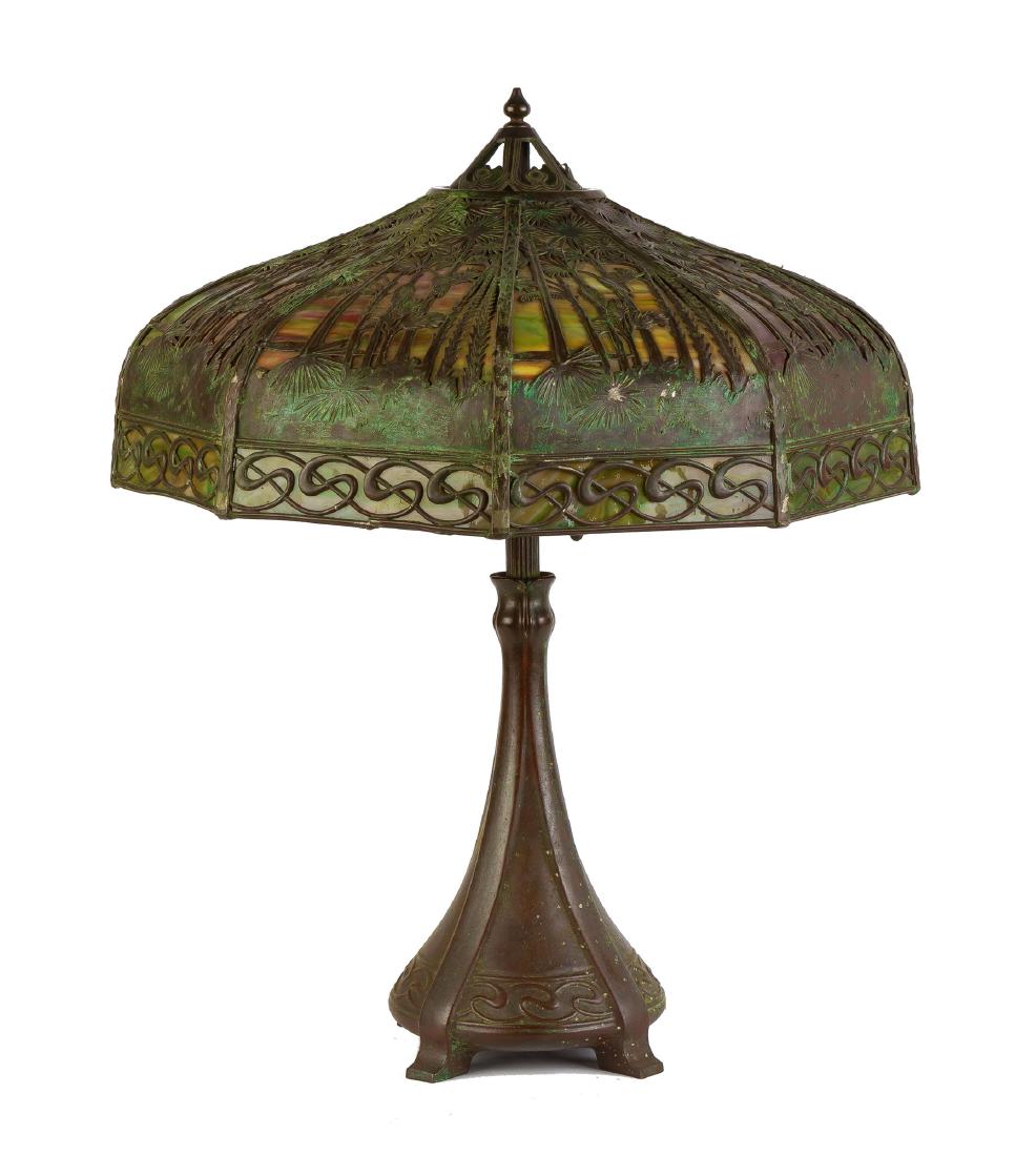 Handel Tropical Sunset Table Lamp: Shade signed Handel. Brown patina. Ht. 25" Shade D 20". Dr. Fred & Vanne Cohen Collection, Florida.