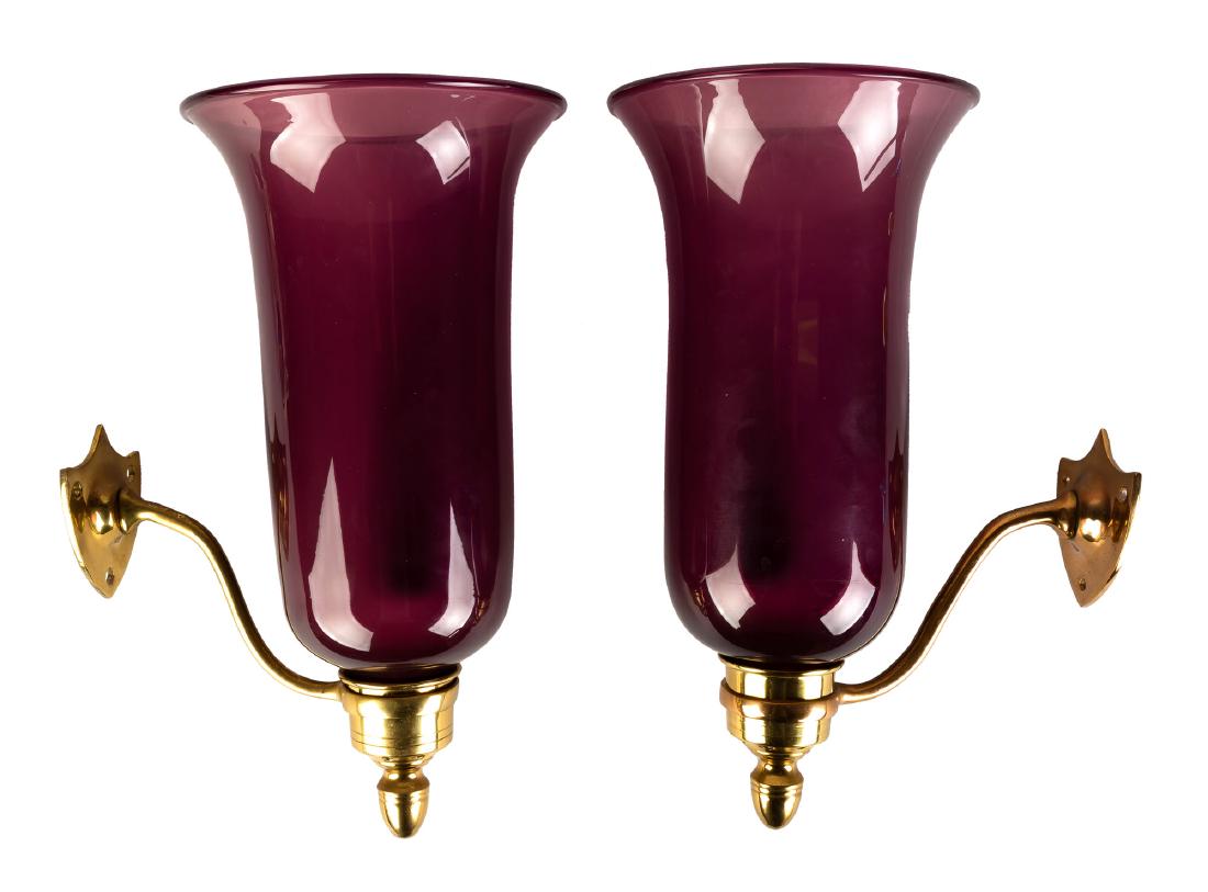 Pair of Blown Glass Amethyst Wall Sconces with Brass: 19th century. Max Ht. 14" D 8" .