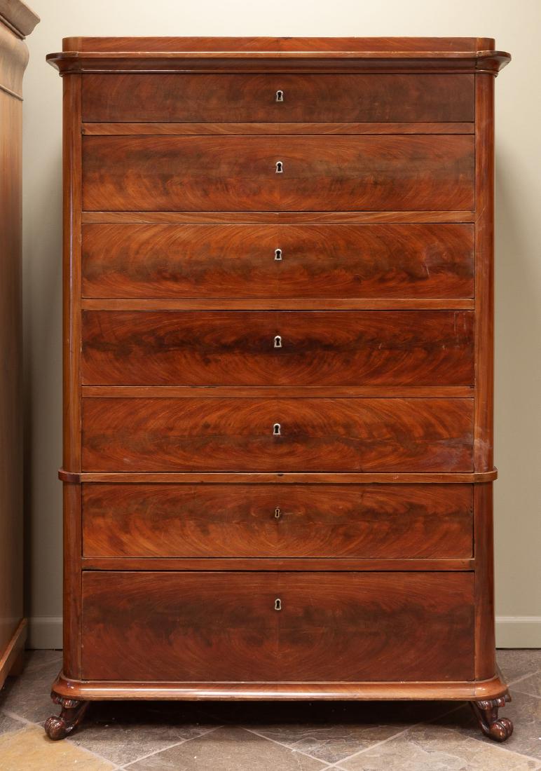 Biedermeier Mahogany Chest of Drawers: German, circa 1815-1848. Ht. 58" W 38" D 19" .