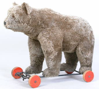 Steiff Bear On Wheels: Steiff Bear On Wheels, w Steiff button, growler, 26"(h) 33" (w), outstanding, Est. 1,500-2,000