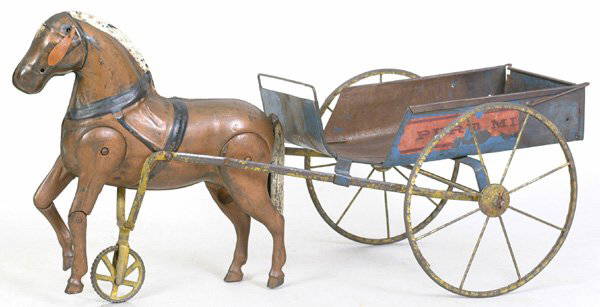 Mechanical Tin Horse-Drawn Cart: Mechanical Tin Horse-Drawn Cart, 24" (h), some paint loss, Est. 400-600