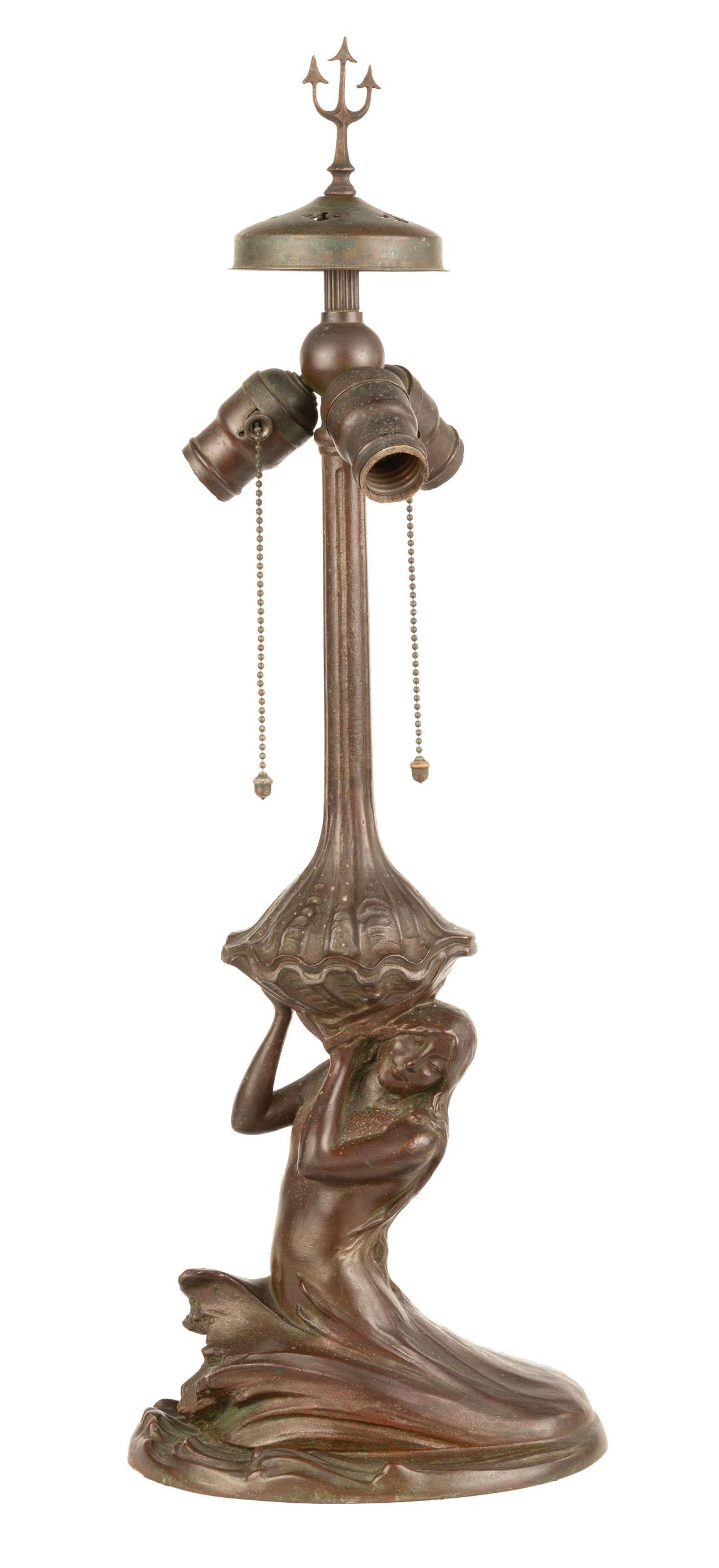 Rare Handel Mermaid Base: Rare Handel Mermaid Base. Original brown patina. Handel felt label. Ht. 25 1/2".