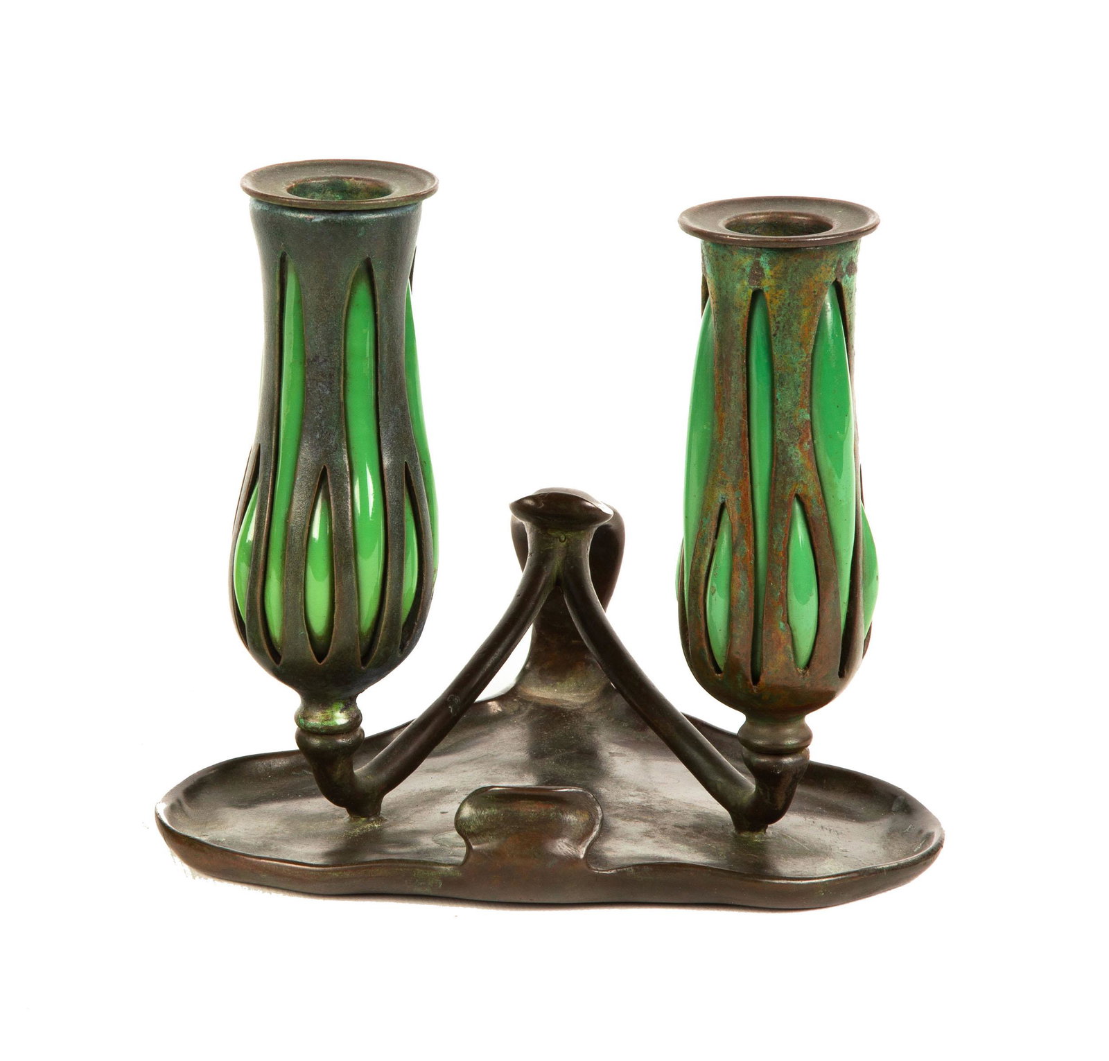 Tiffany Studios, NY Double Chamber Stick: Tiffany Studios, NY Double Chamber Stick. Bronze and blown glass. Tiffany Studio monogram and numbered. Brownish green patina. Ht 6".