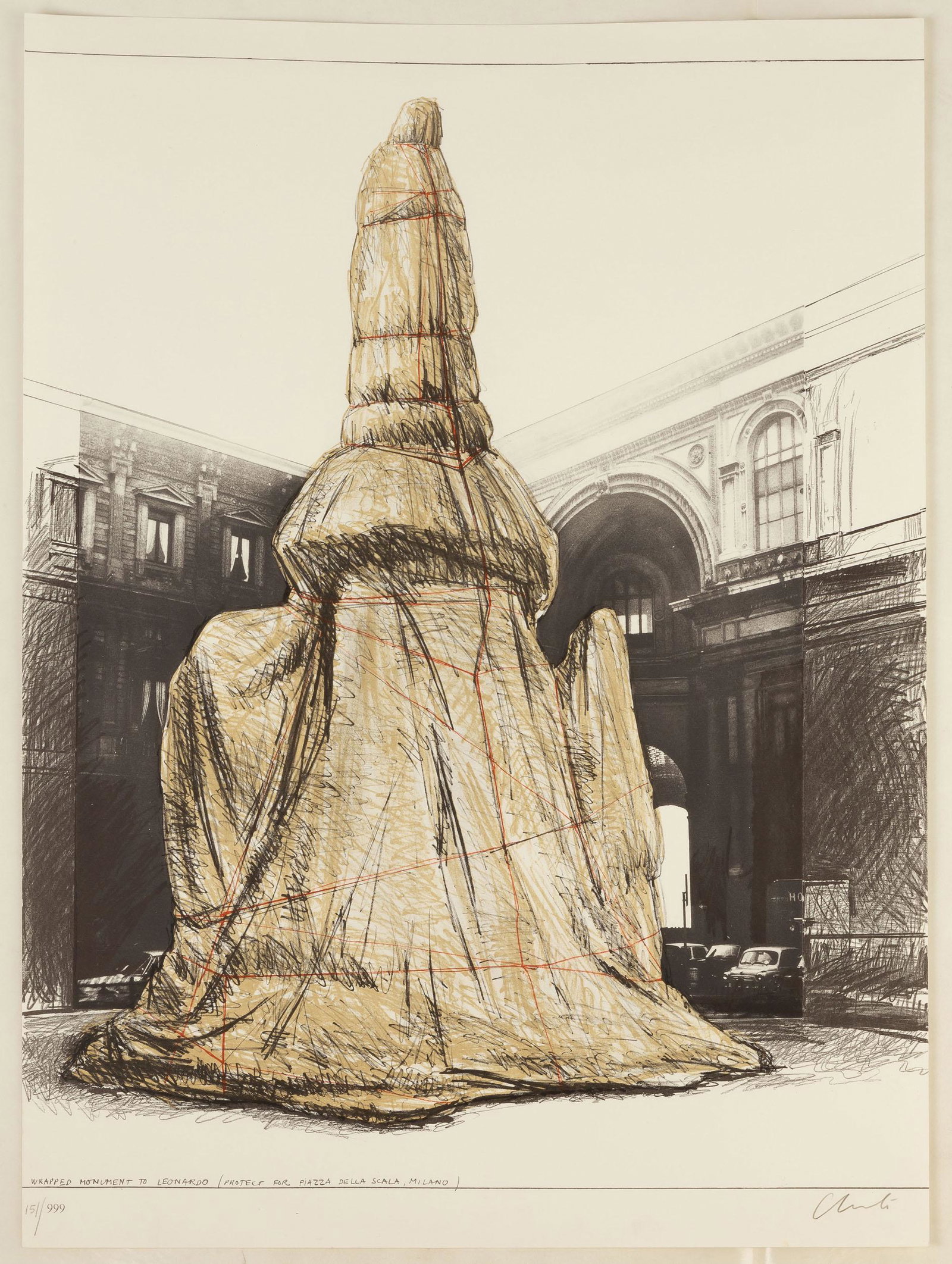 Christo (Javacheff) & Jeanne-Claude (B. 1935) Wrapped: Christo (Javacheff) & Jeanne-Claude (B. 1935) Wrapped Monument to Leonardo 1975. Lithograph. Signed edition 151/999. 28 3/4" x 21" Anderson Gallery, Buffalo, New York. David K. Anderson Grandchildren'