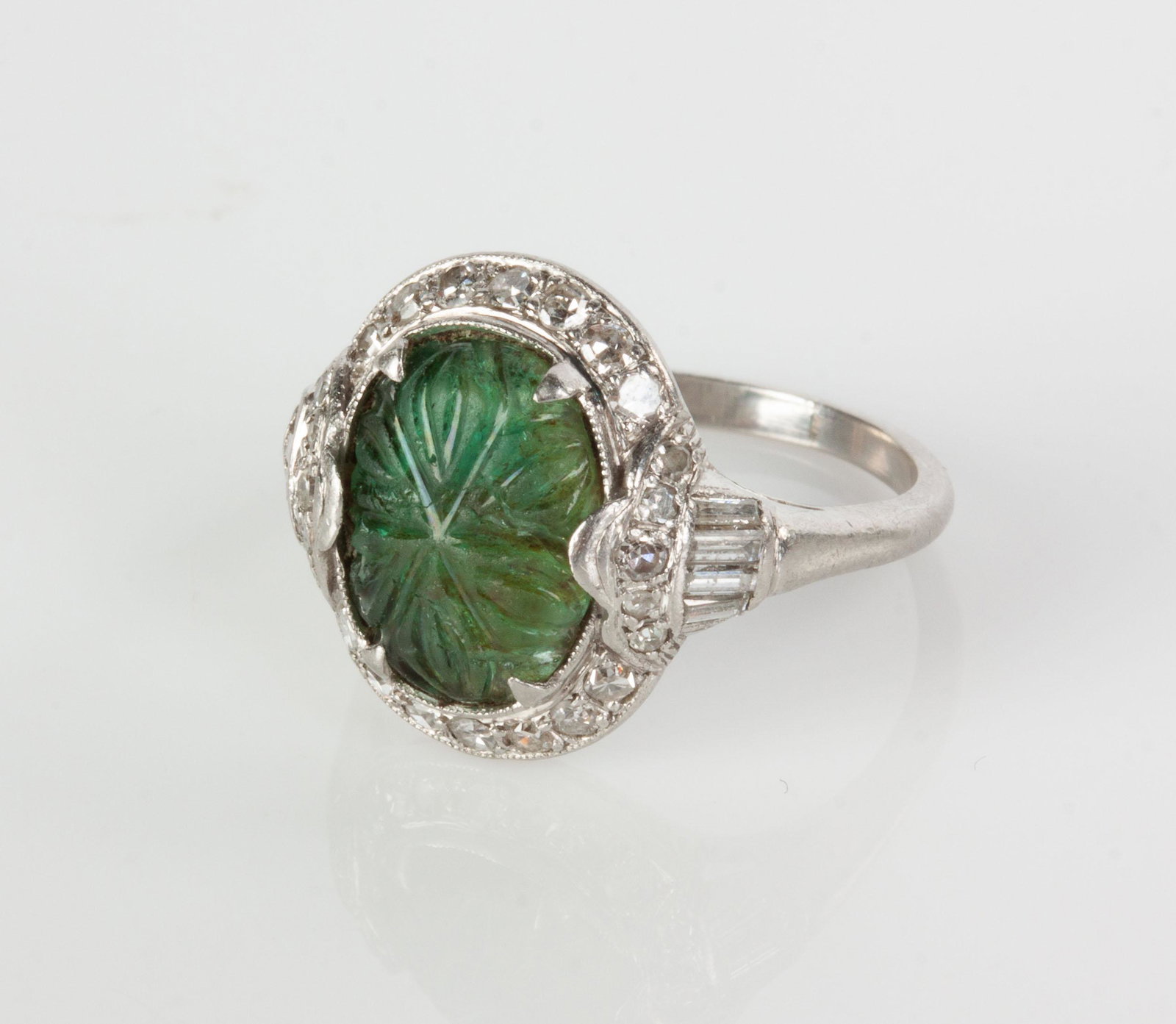 Antique Ladies Platinum, Diamond & Emerald Ring: Antique Ladies Platinum, Diamond & Emerald Ring Stamped platinum and 4274. Carved emerald approx. 11mm by 8mm. vintage single cut and baguette diamonds approx. 1/2 ct. Total weight 5.55 grams. Size 6 