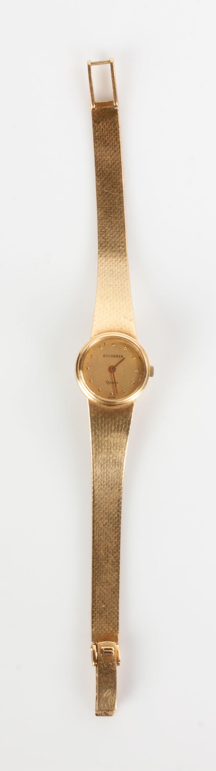 Ladies 18K Gold Bucherer Watch: Ladies 18K Gold Bucherer Watch 30.5 grams. Marked 18K. L 5 1/2" Mrs. Magdalene Lydia Spear, 1920's; By succession to her son Mr. Dexter Spear French, 1951; By succession to his wife Mrs. Donna Gould,