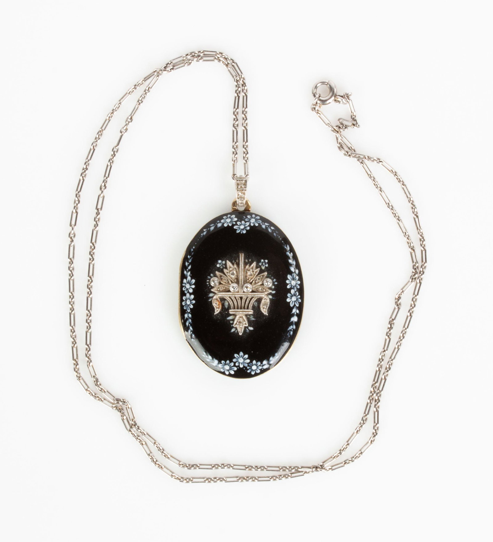 Cartier 14K Gold, Diamond and Enameled Necklace: Cartier 14K Gold, Diamond and Enameled Necklace with Locket 17.8 grams. Wearable L 11 1/2" Mrs. Magdalene Lydia Spear, 1920's; By succession to her son Mr. Dexter Spear French, 1951; By succession to 