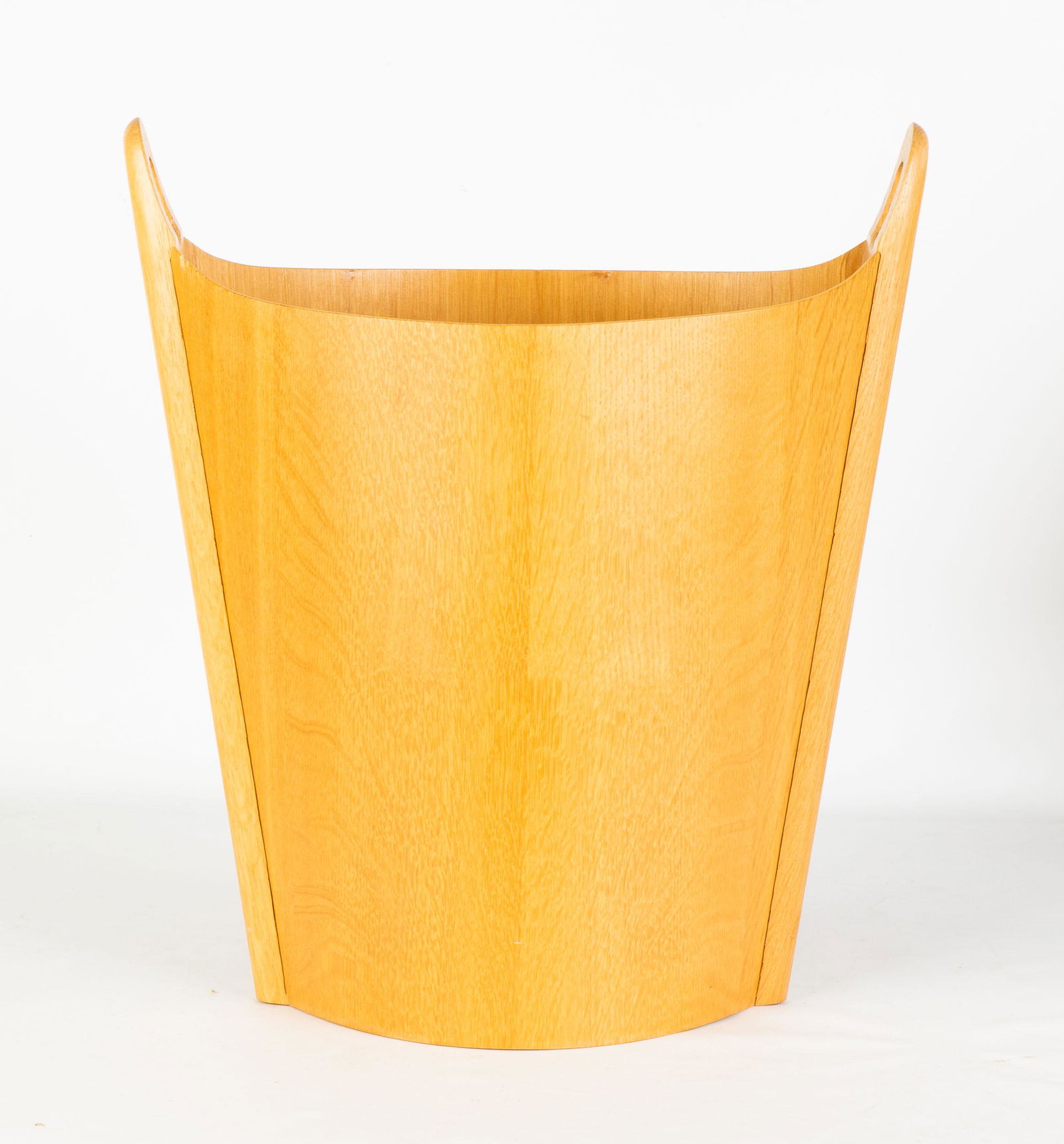 P.S. Heggen Wastepaper Basket Designed by Einar Barnes.: P.S. Heggen Wastepaper Basket Designed by Einar Barnes. Oak. Stamped makers mark to inside. Ht. 17 1/2" The Lorraine & Sy Merrall Collection, Rochester, NY