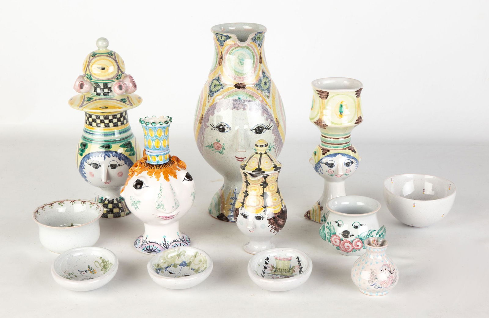 Bjørn Wiinblad (Danish, 1918-2006) Earthenware: Bjørn Wiinblad (Danish, 1918-2006) Earthenware Figures & Table Accessories Wiinblad Studio Denmark, circa 1970. Hand-built and glazed earthenware. Also including pieces of Rosenthal and Wiinblad plat