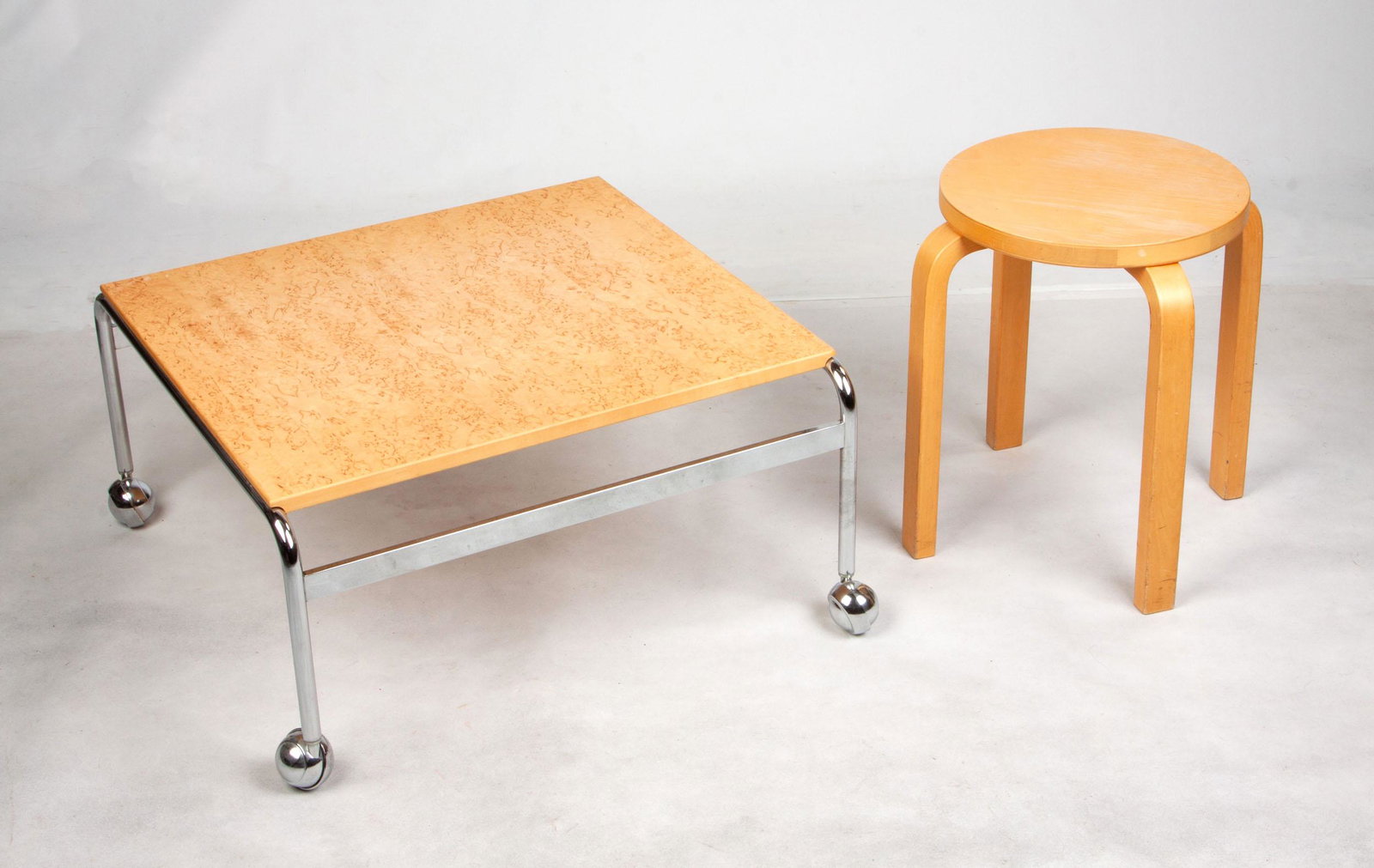 Alvar Aalto Stool 60 & Birds Eye Maple Low Table: Alvar Aalto Stool 60 & Birds Eye Maple Low Table Midcentury. Table: Ht. 13" W 24" D 24" Stool Ht. 17" D 13 1/2" The Lorraine & Sy Merrall Collection, Rochester, NY