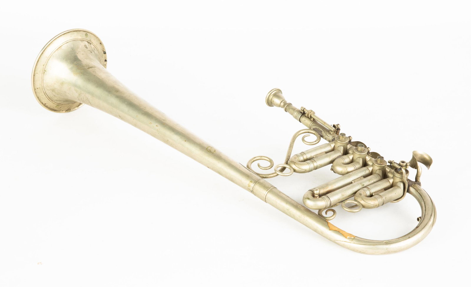 Civil War Era Nickel Plated Bugle D.C. Hall: Civil War Era Nickel Plated Bugle D.C. Hall Manufacturer, Boston. L 20" Rochester Historical Society sold to benefit the collections fund.