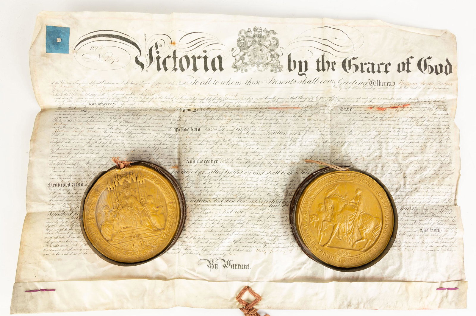 1872 Document with Two Wax Medallions Locomotive Engine: 1872 Document with Two Wax Medallions Locomotive Engine Improvement and William Smith Hudson. Max L 29" Rochester Historical Society sold to benefit the collections fund.