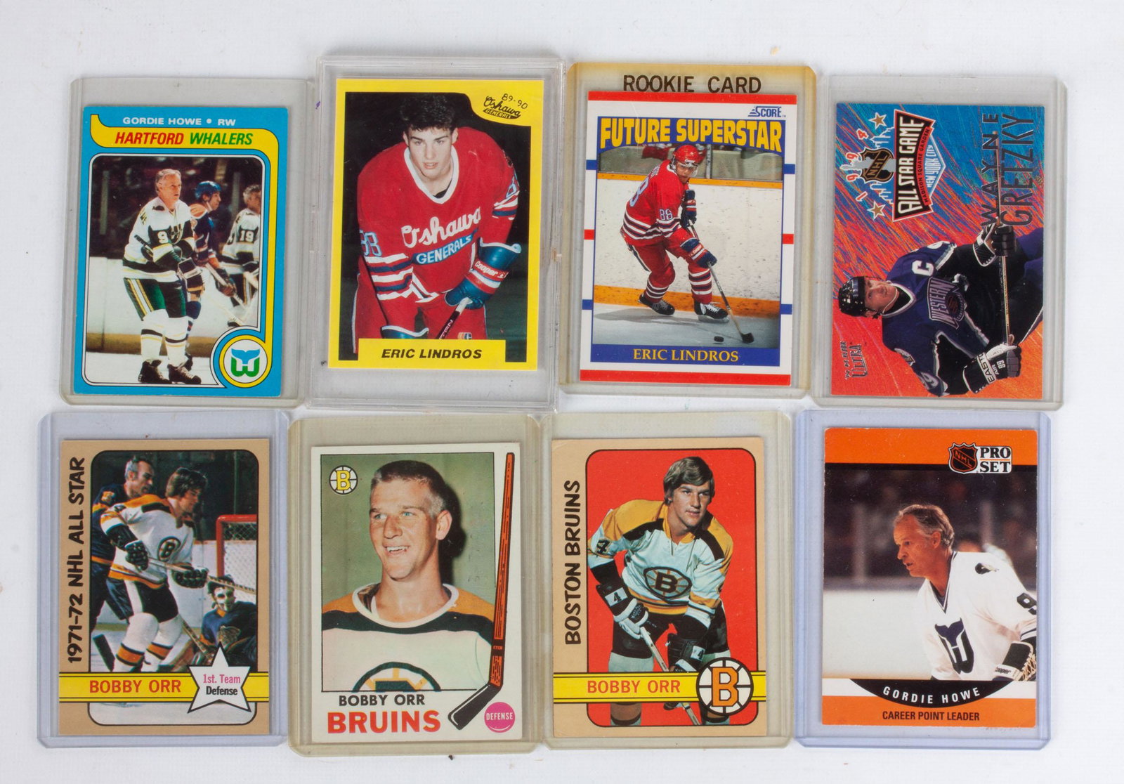 Fourteen NHL Trading Cards Wayne Gretzky, Eric Lindros,: Fourteen NHL Trading Cards Wayne Gretzky, Eric Lindros, Gordie Howe, Bobby Hull, Bobby Orr.