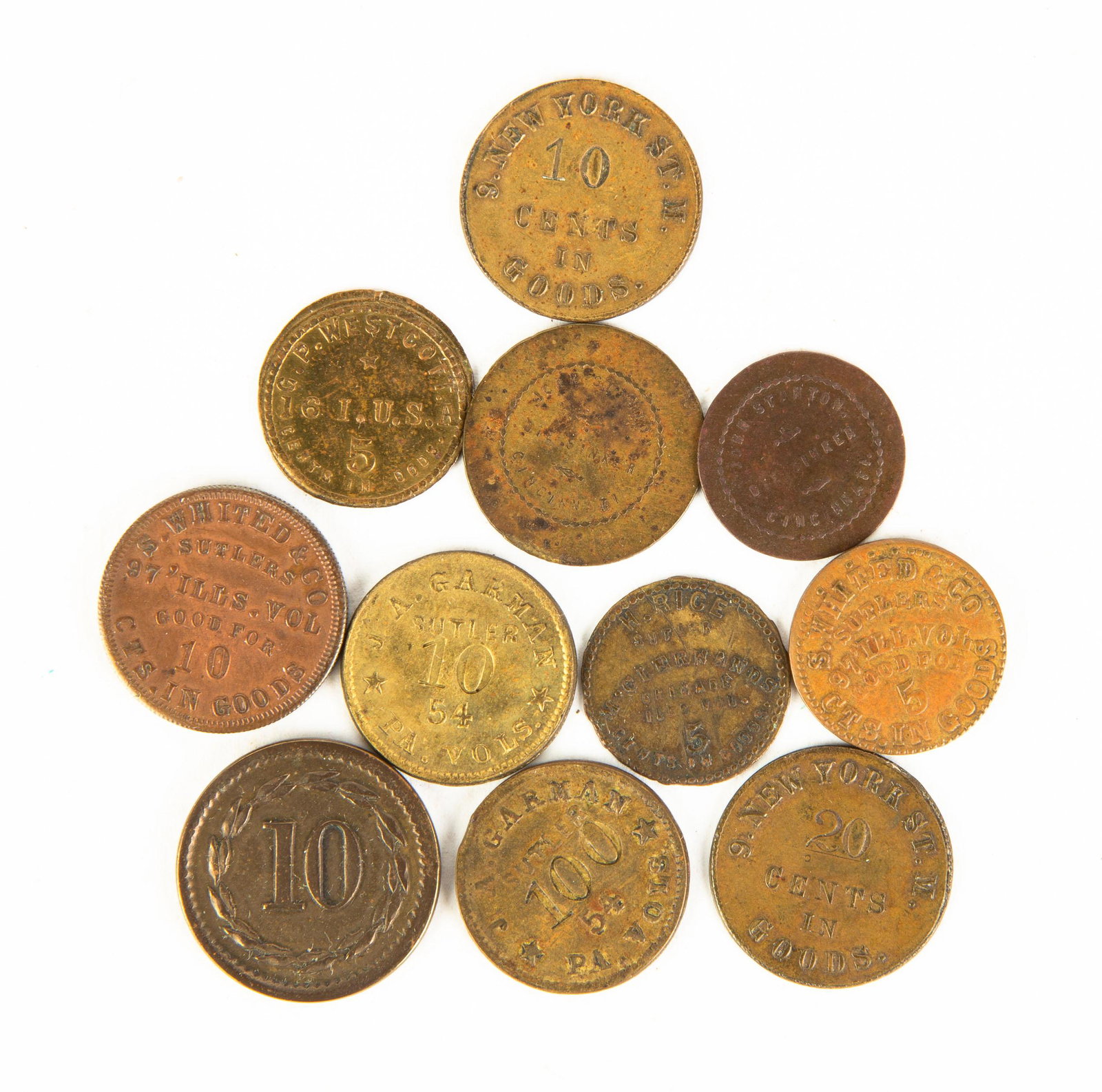 Group of Sutler Civil War Tokens: Group of Sutler Civil War Tokens