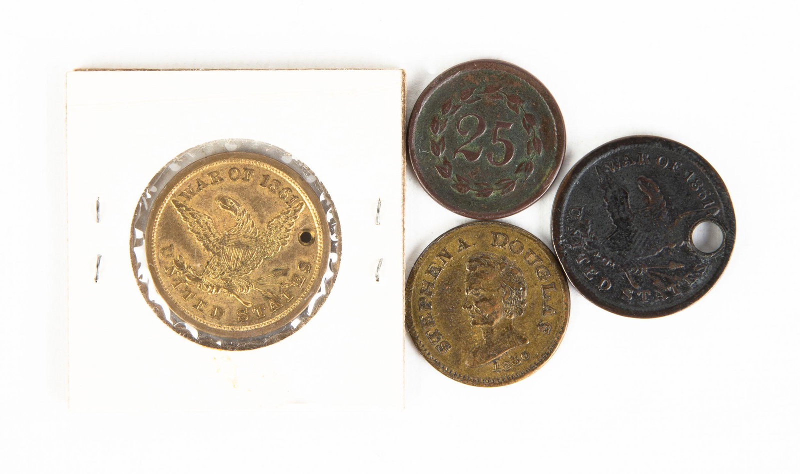 2 Civil War Dog Tags and 2 Civil War Tokens War of: 2 Civil War Dog Tags and 2 Civil War Tokens War of 1861, T.H. Donahue, Co. B, 10th Reg, N.H.V. Nashua; Stephen A. Douglas, 1860, Popular Sovereignty National Union; J.J. Benson, Good for 25 cents, Sut