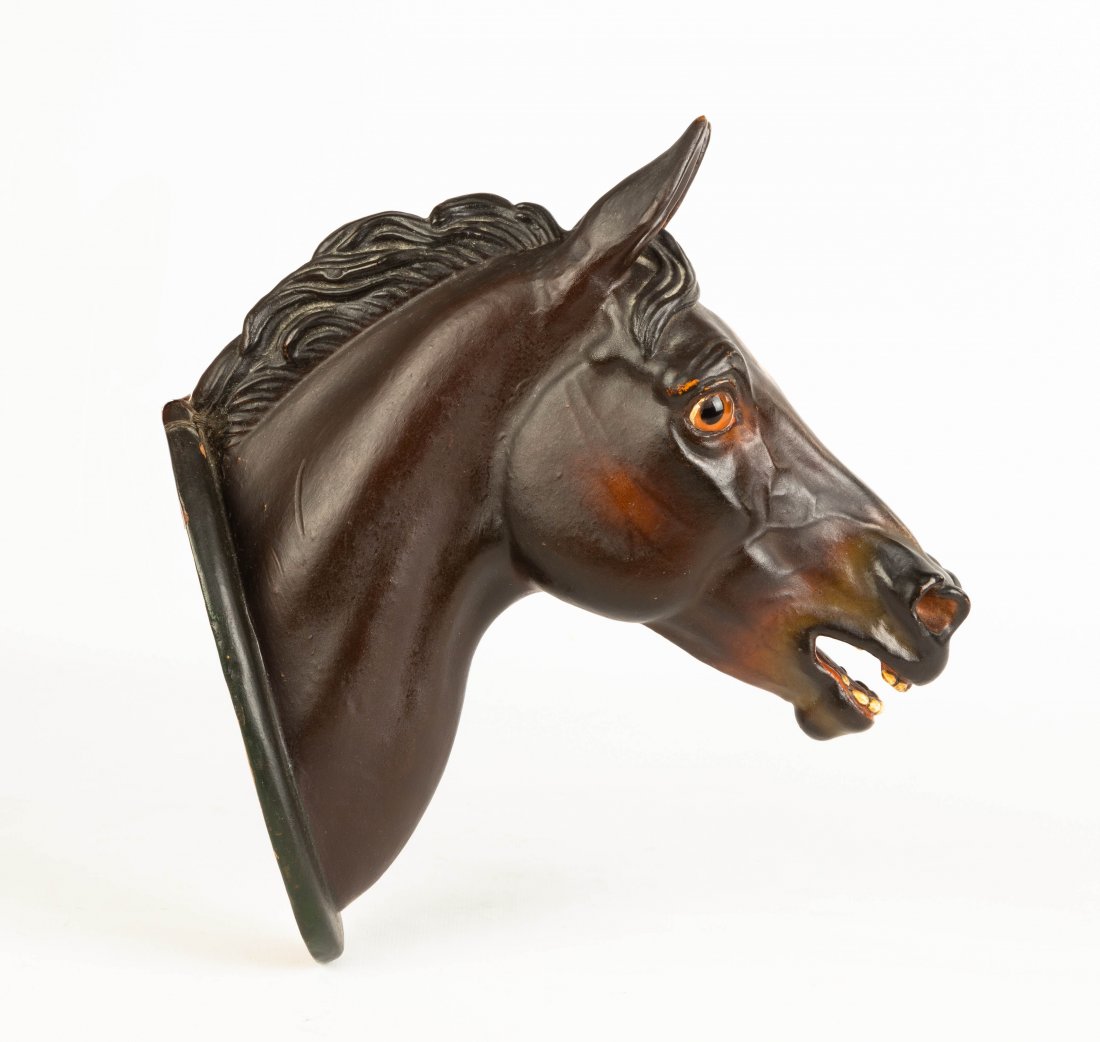 Art Pottery Horse Head: Hand painted with blown glass eyes. Ht 9" W 9"