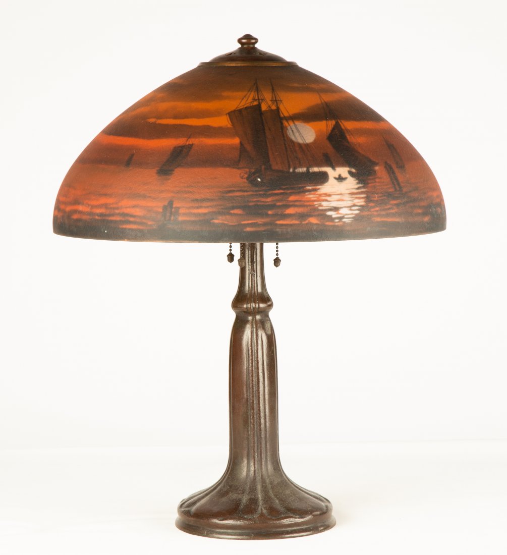 Handel Reverse Painted Sunset Table Lamp: Reverse painted. Signed 'Handel 7112'. Shade D 18"