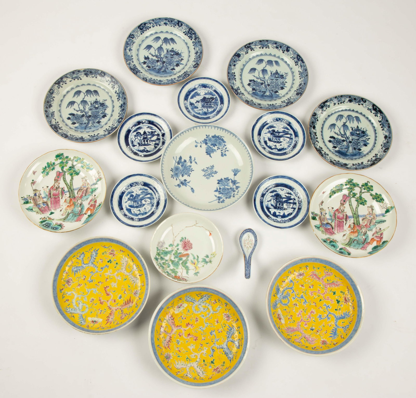 Group Chinese Porcelain Hand Painted Plates, etc.: Group Chinese Porcelain Hand Painted Plates, etc. Max D 10" The Estate of Dr. Edward C. and Ruth P. Atwater, Rochester, New York.