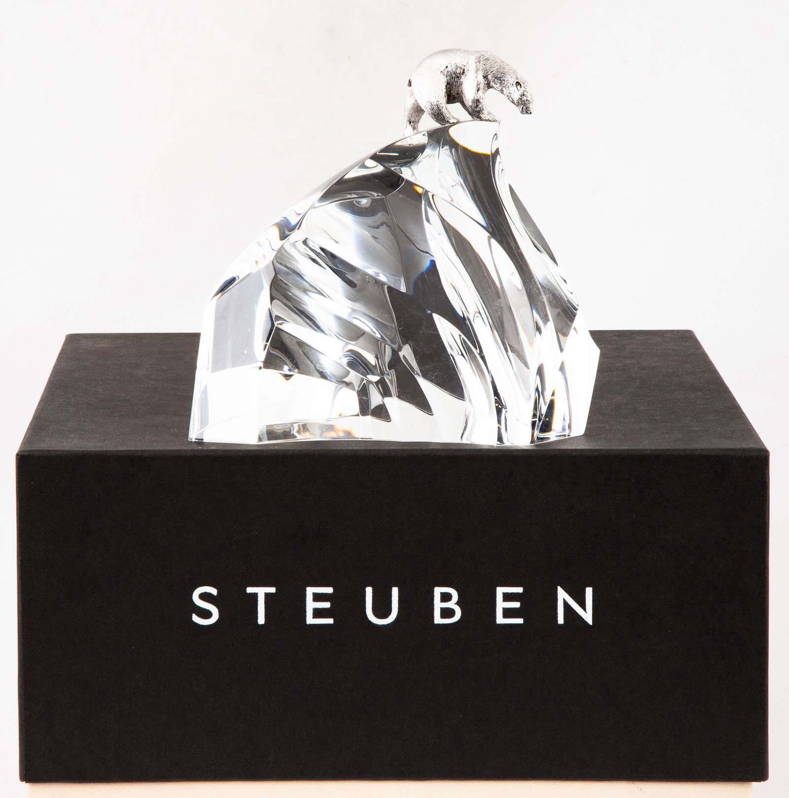 Steuben Crystal, "Ice Bear": Steuben Crystal, "Ice Bear" Corning, NY. Cut crystal and silvered bear, with original shipping case. Inscribed 'Steuben'. Ht. 5 1/2" W 5 1/2" The Estate of George Jamison, Corning, NY.