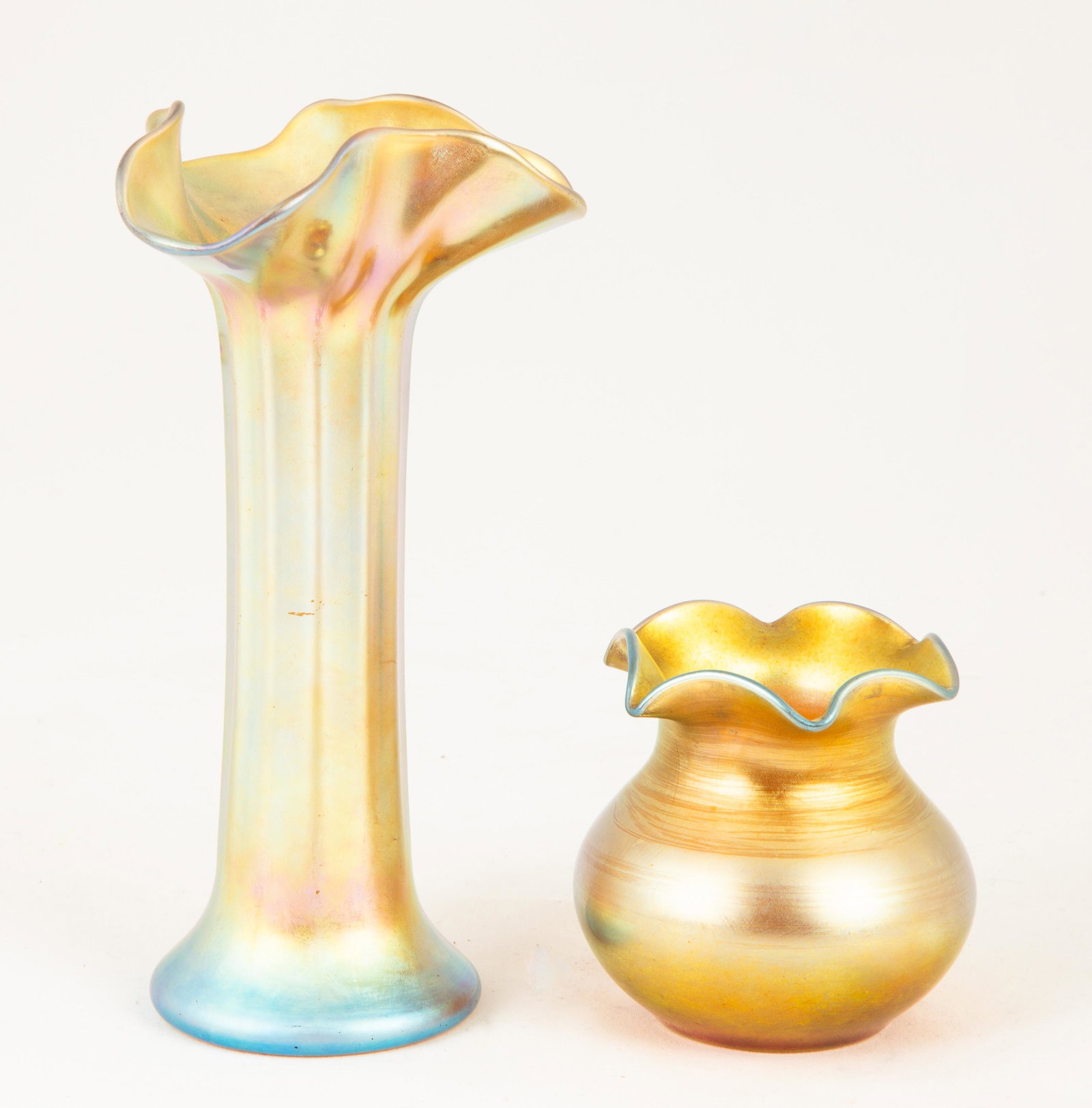 Steuben Aurene Vases: Steuben Aurene Vases Corning, NY. Both are inscribed 'Aurene' and numbered. Max Ht. 7"