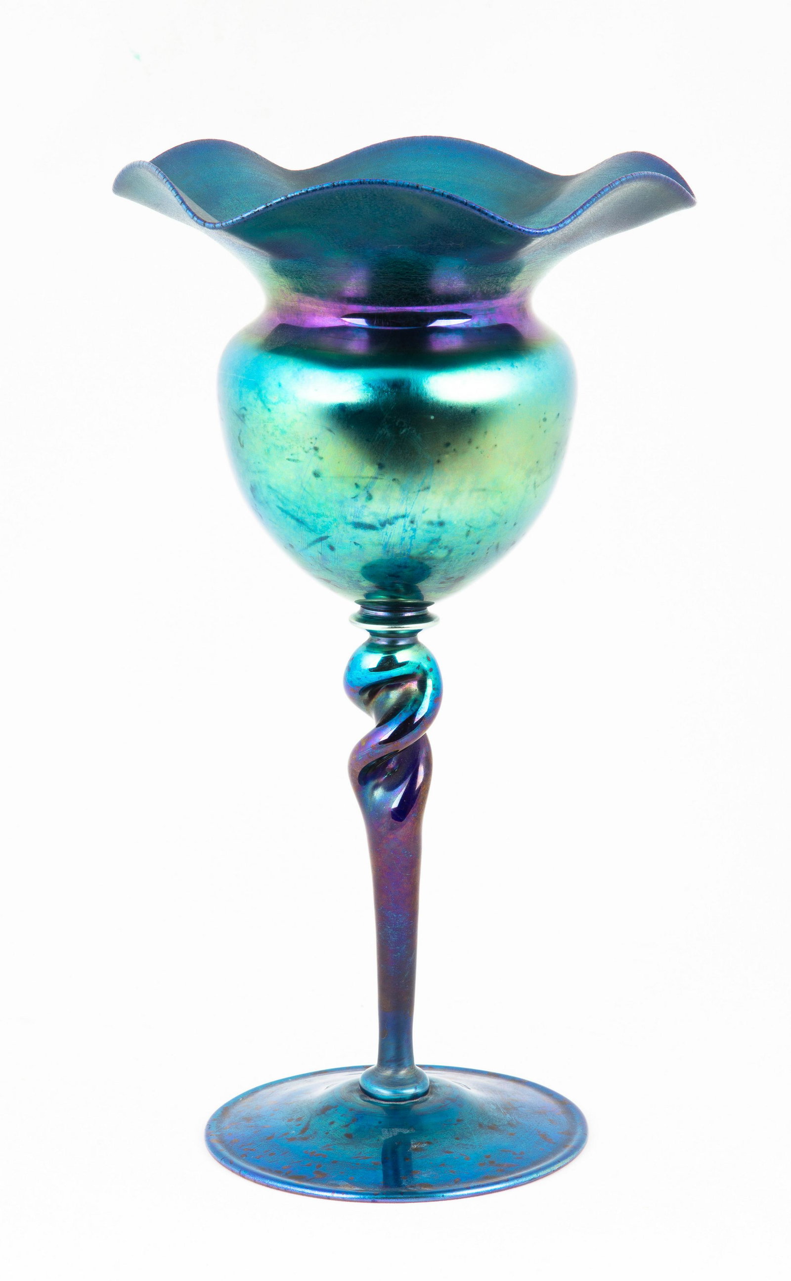 Large Steuben Blue Aurene Vase: Large Steuben Blue Aurene Vase Corning, NY. Twisted stem vase inscribed 'Aurene'. Ht. 12 1/2" W 7"