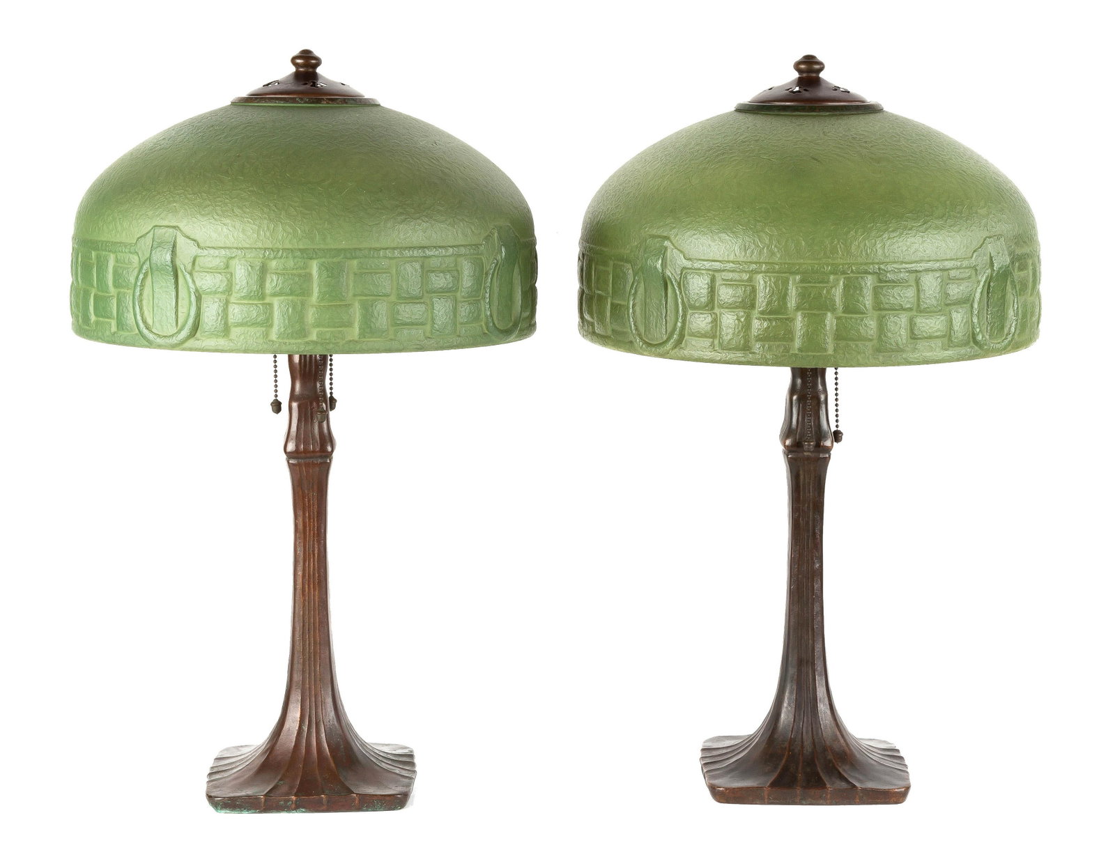Pair Matching Handel Arts and Crafts Lamps: Pair Matching Handel Arts and Crafts Lamps With chipped ice cased shades and patinaed metal bases. Shades signed 'Handel' and '#5189' and '#5440'. Bases signed 'Handel'. Ht. 23" D 14"
