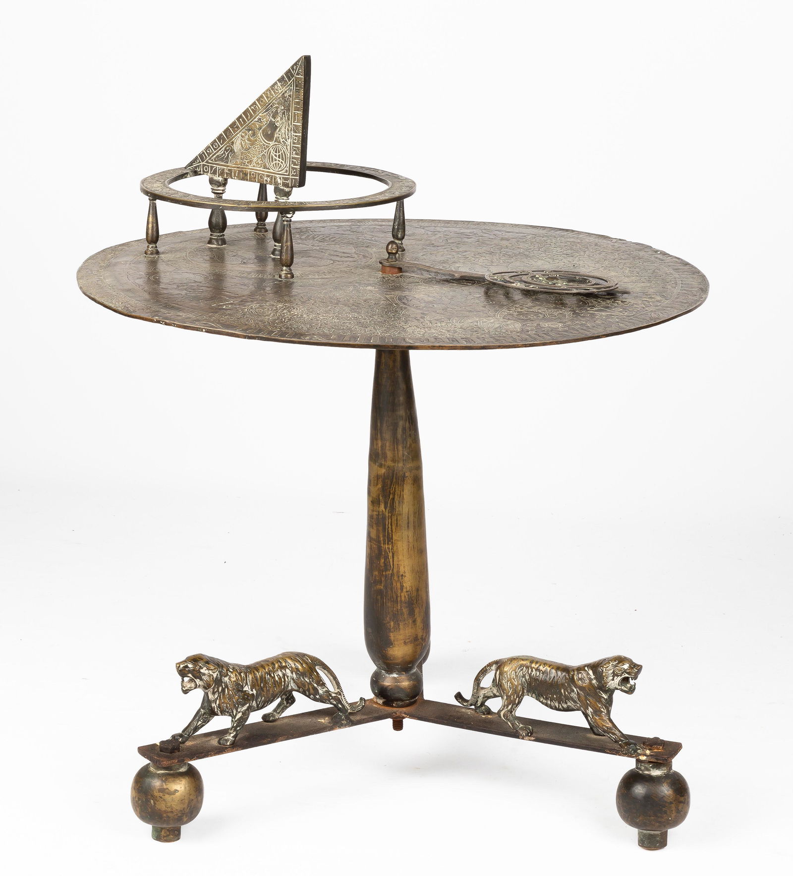 Unusual Brass Engraved Sundial Table: Unusual Brass Engraved Sundial Table Max Ht. 31" D 27" From the collection of Dr. Ronald and Krista Reed, of Reed Eye Associates, Rochester, New York.