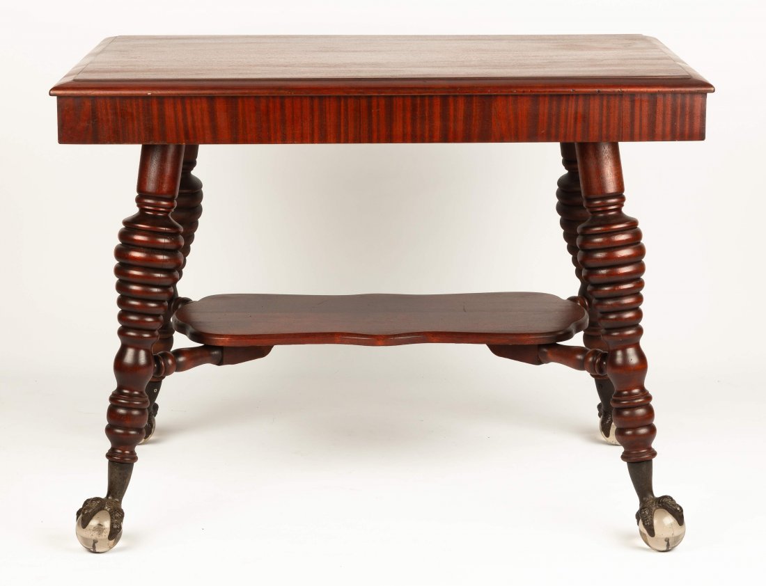Mahogany Center Table: Mahogany Center Table Turned legs with brass & glass claw & ball feet. Ht. 31" W 40" D 26"