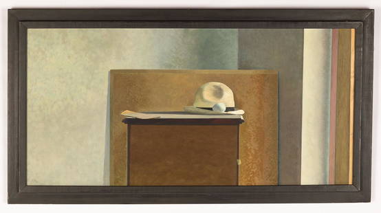 David Tindle (British, b. 1932) Hat & Eggs, Long Still: 1974. Egg tempera on masonite. Signed (lower left). 17 1/2" x 36" Martha Jackson Gallery, New York, NY. Anderson Gallery, Buffalo, NY.