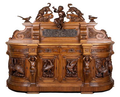 Attrib. to Luigi Frullini Carved Side Cabinet: Attributed to Luigi Frullini (Italian, 1839-1897) An Outstanding Extensively Carved Side Cabinet 19th century, Renaissance Revival. Carved walnut with a brass relief panel. Has carvings of shore birds