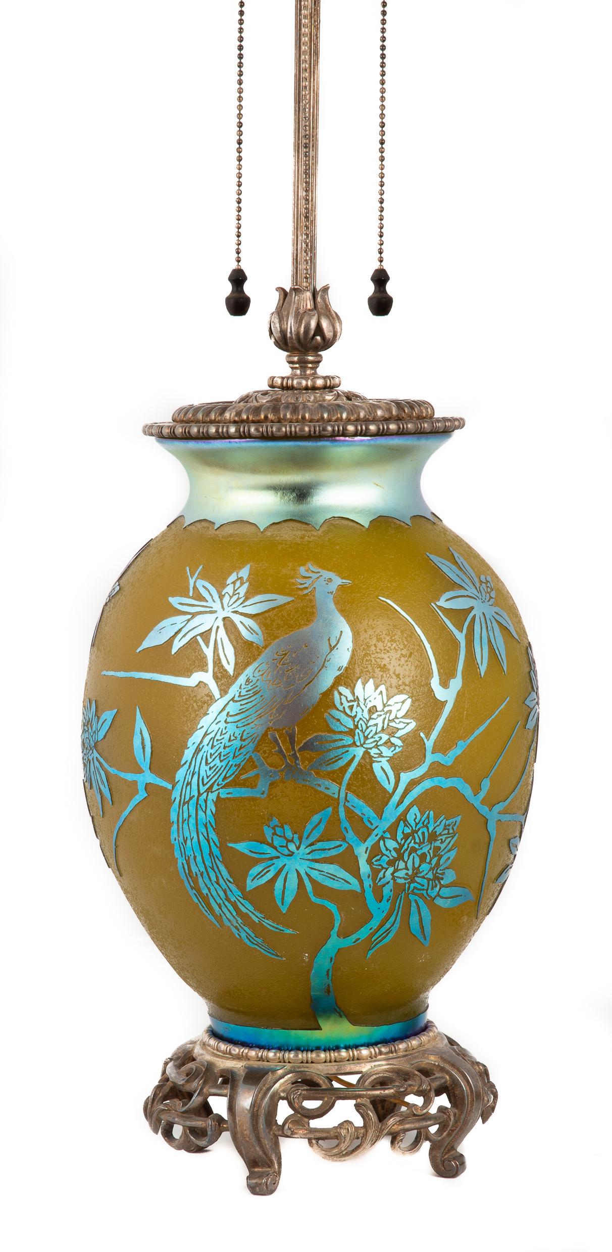 Steuben Yellow Jade & Blue Aurene Acid Cut-Back Lamp (1 of 2)