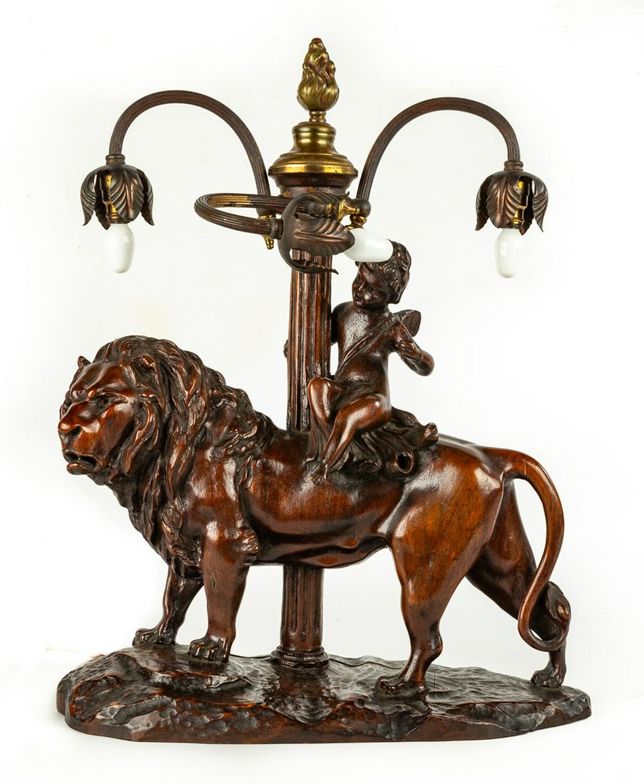 Carved Walnut Lion and Cherub Lamp (1 of 1)
