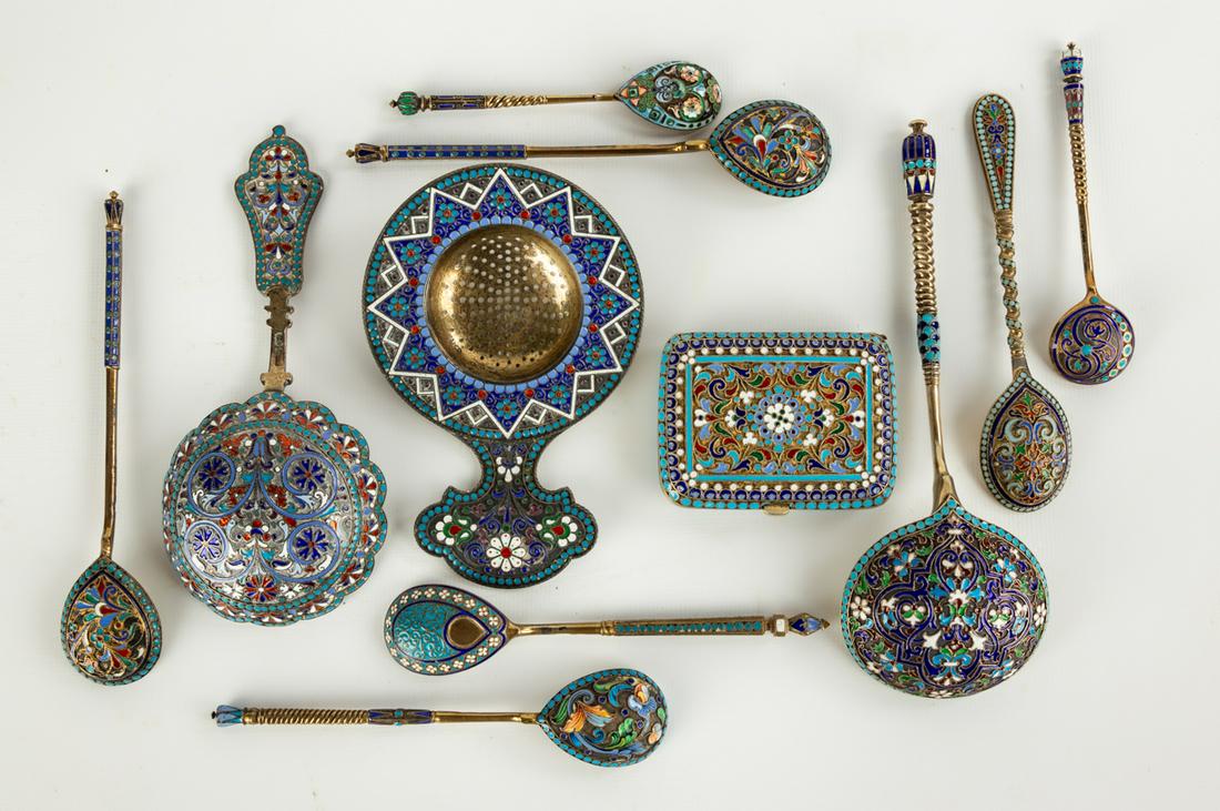 Vintage Russian Enameled Sterling Silver Spoons, etc.: Vintage Russian Enameled Sterling Silver Spoons, etc. 17.03 ozt. Max L 7 in. The Estate of George Jamison, Corning, NY. For new customers purchasing silver, gold, or jewelry, we require payment by wir