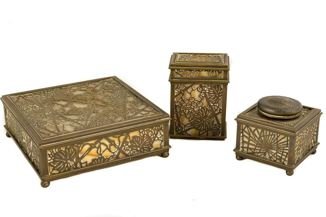 Tiffany Studios, New York Desk Pieces: Tiffany Studios, New York Desk Pieces Grape vine and pine needle. All impressed 'TIFFANY STUDIOS NEW YORK' Max Ht. 4 1/2 W 6 1/2 in.