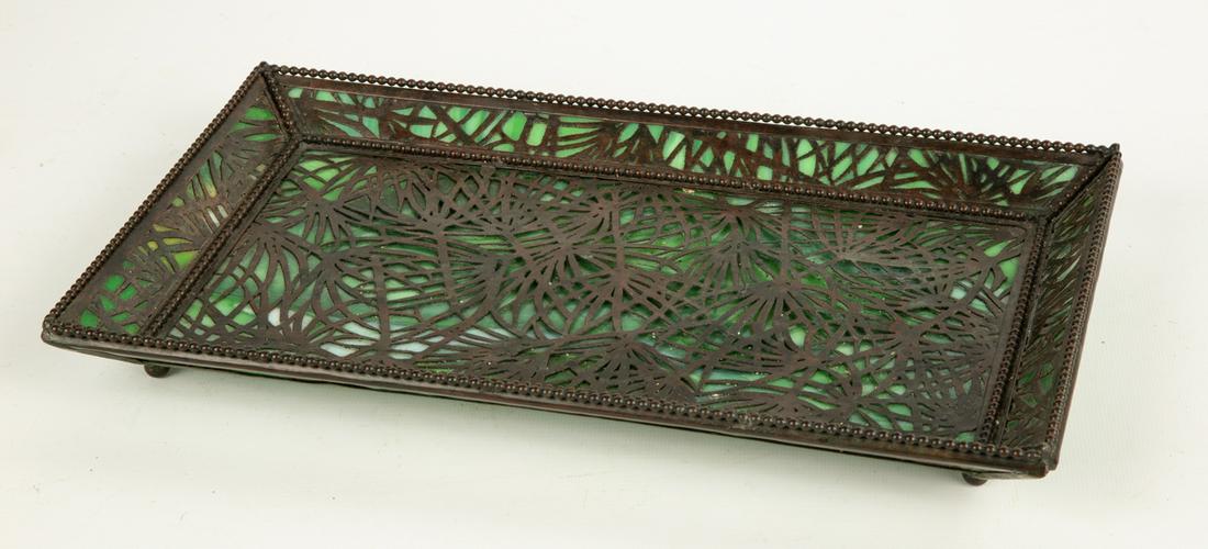 Unusual Tiffany Studios, New York Tray: Unusual Tiffany Studios, New York Tray Bronze and favrile glass. Greenish-brown patina. Impressed 'TIFFANY STUDIOS NEW YORK'. Ht. 14 W 8 D 1 1/2 in.