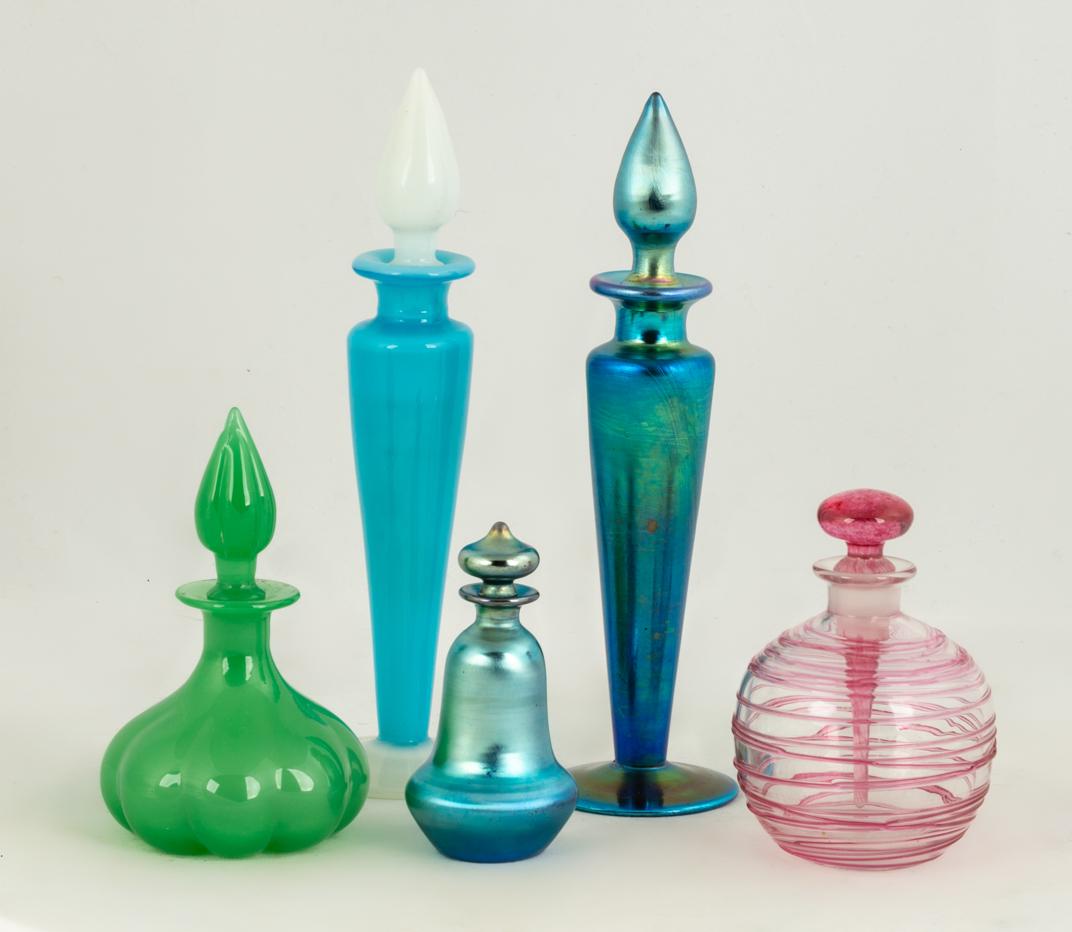 Five Steuben Perfumes: Five Steuben Perfumes Corning, NY. Max Ht. 8 in. The Estate of George Jamison, Corning, NY.