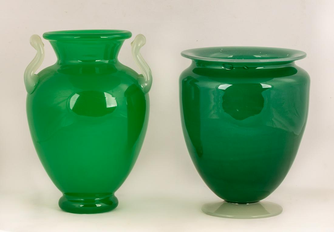 Two Steuben Green Jade and Alabaster Vases: Two Steuben Green Jade and Alabaster Vases L: No signature. R: Inscribed 'Steuben' and 'F. Carder'. Max Ht. 10 Max D 7 1/2 in. The Estate of George Jamison, Corning, NY.
