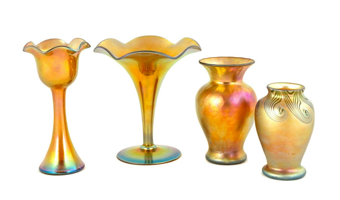 Four Pieces of Steuben Gold Aurene: Four Pieces of Steuben Gold Aurene Corning, NY. One decorated. All inscribed 'Steuben Aurene'. Max Ht. 6 D 5 in. The Estate of George Jamison, Corning, NY.