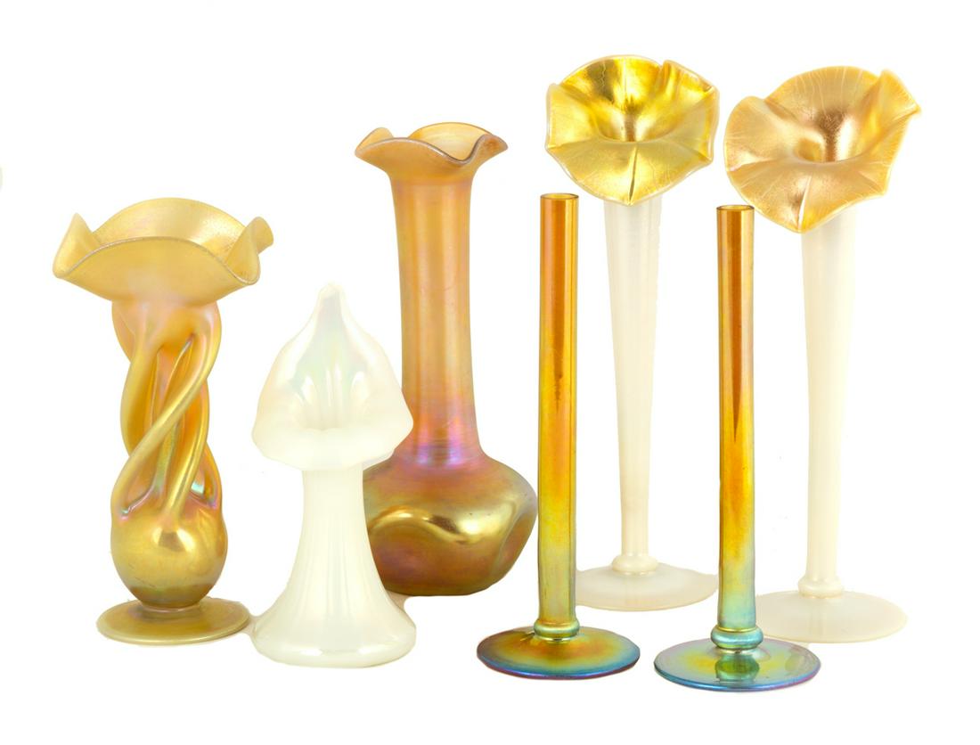 Group of Steuben Aurene Vases: Group of Steuben Aurene Vases Corning, NY. Some inscribed. Max Ht. 10 in. The Estate of George Jamison, Corning, NY.