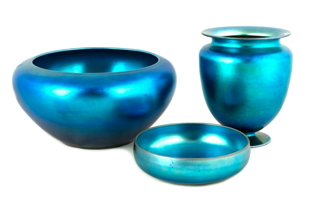 Three Pieces of Steuben Blue Aurene: Three Pieces of Steuben Blue Aurene Corning, NY. Max Ht. 7 Max D 10 in. The Estate of George Jamison, Corning, NY.