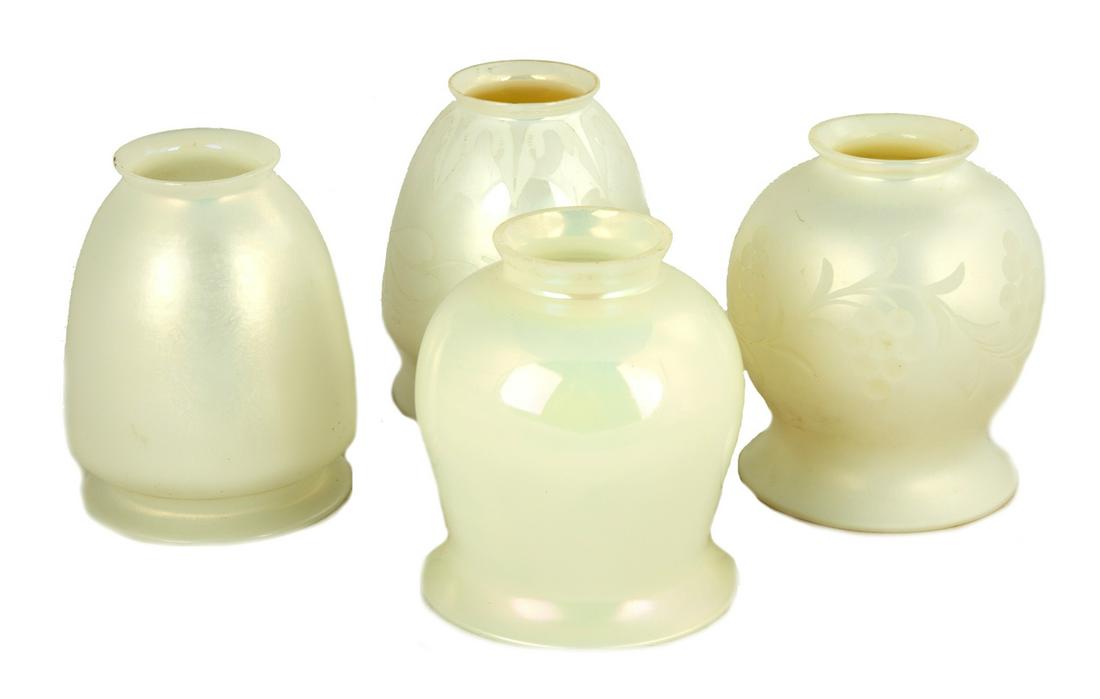 Four Steuben Calcite Shades: Four Steuben Calcite Shades Corning, NY. Two are engraved. Max Ht. 5 Fitter Rims 2 1/4 in. The Estate of George Jamison, Corning, NY.